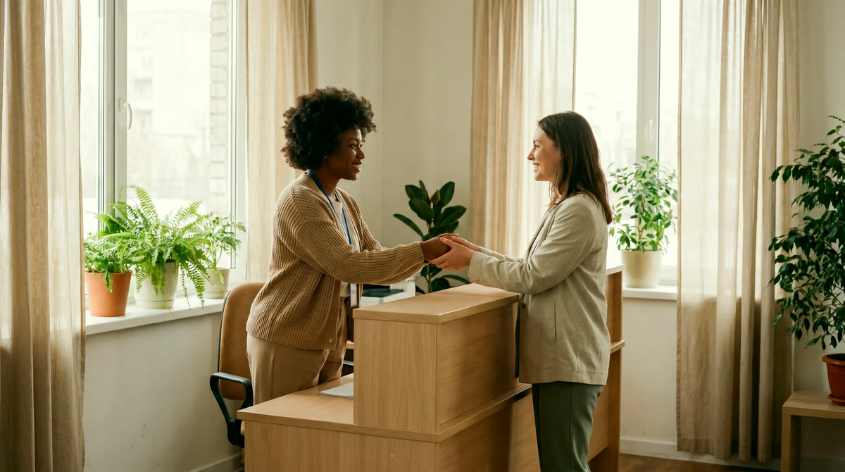 A Beatrice Loving Heart case manager welcomes a family with a warm handshake at the reception desk.