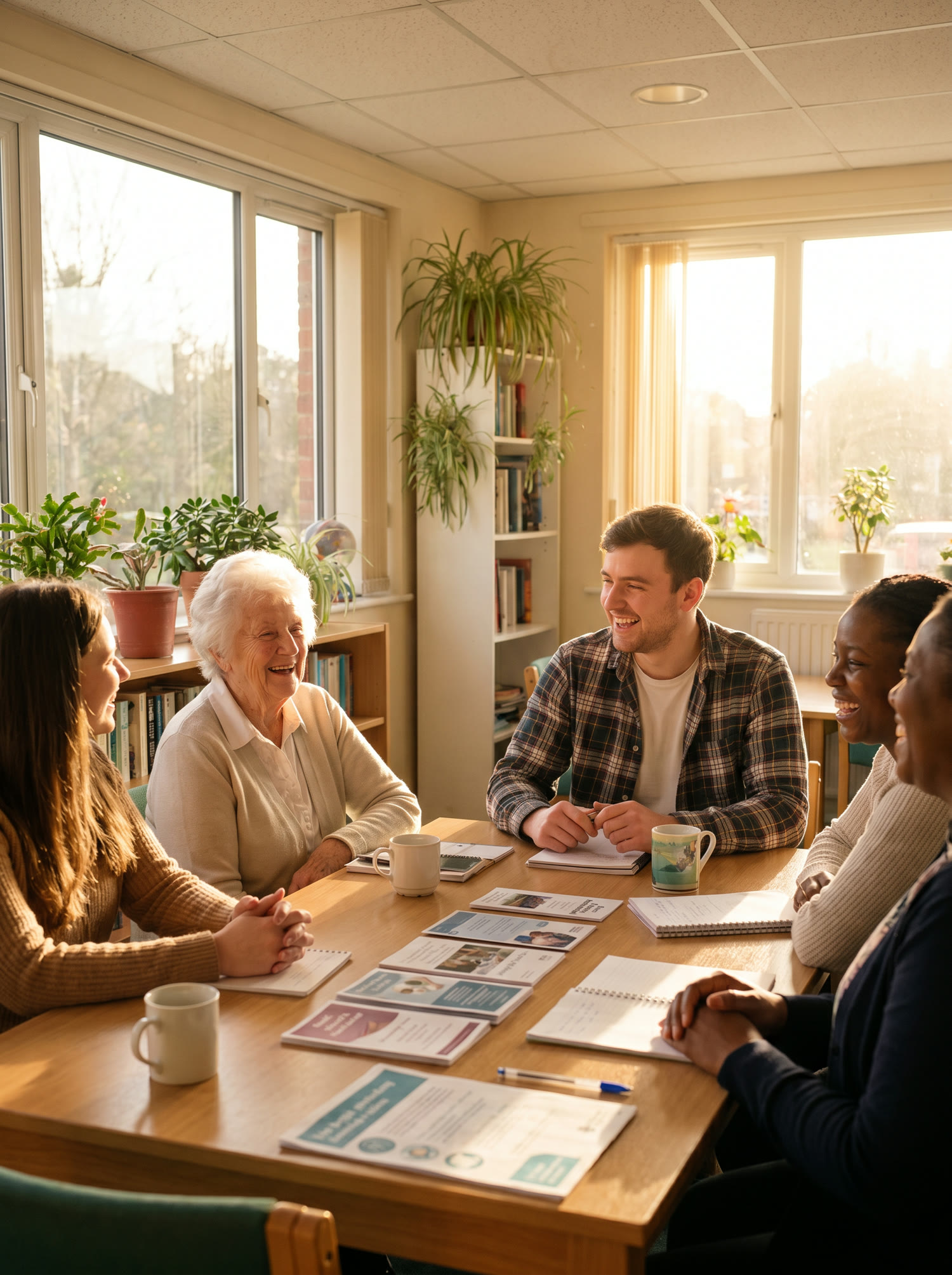 Beatrice Loving Heart staff and community members review resources together around a sunlit table.