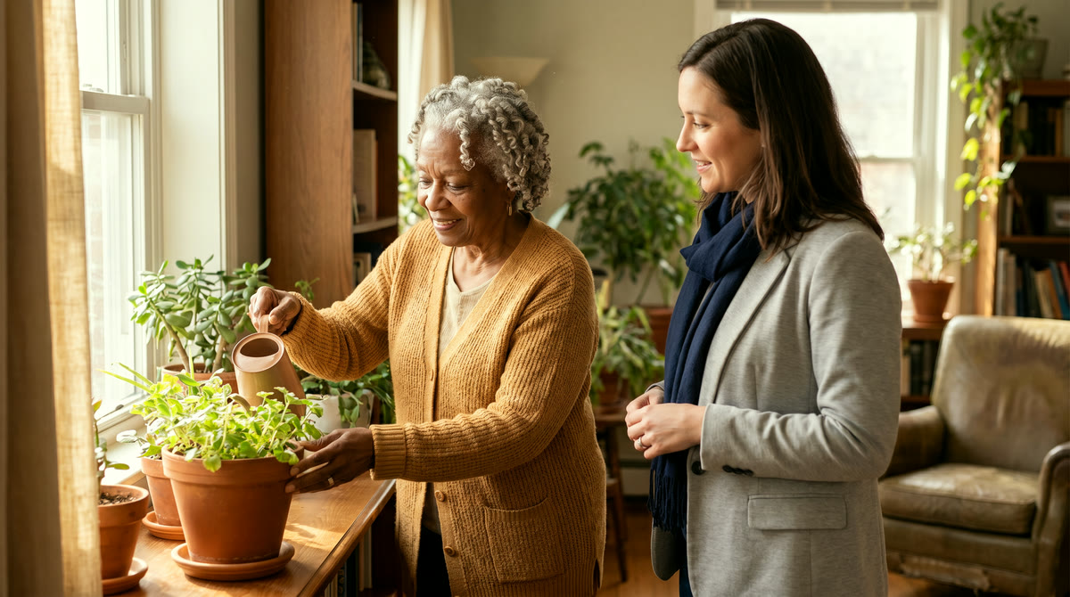 An older woman with silver hair waters plants by a sunlit window while her case manager checks in beside her.