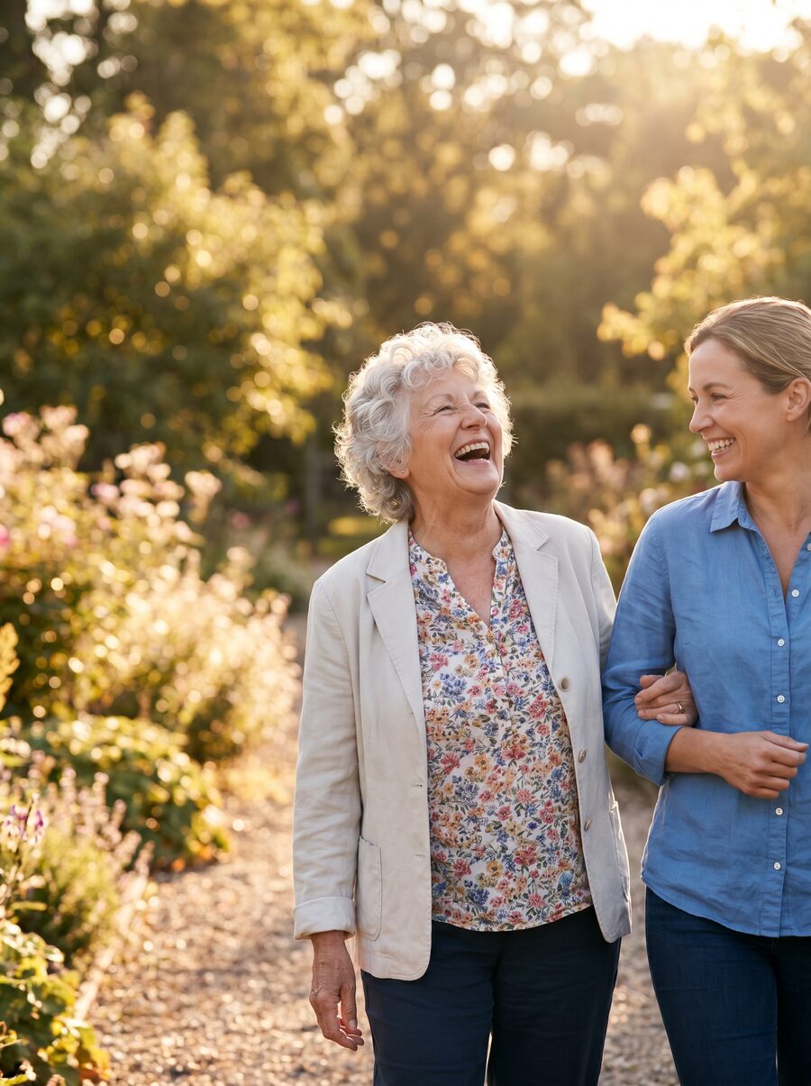 An older woman laughs with a companion while walking arm-in-arm through a sunny garden.