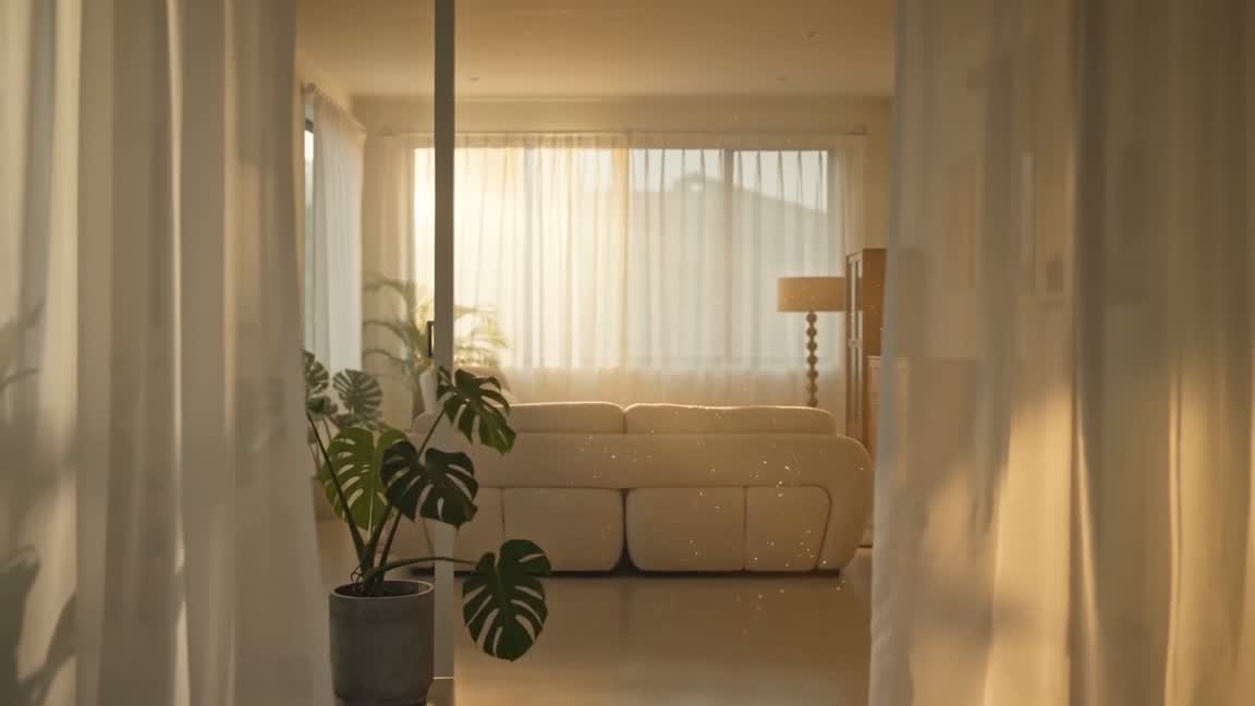 Sheer curtains parting to reveal a warm, sunlit living room