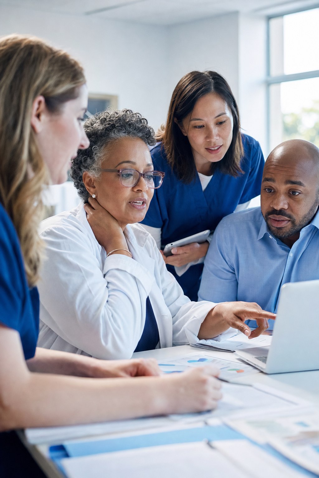 Two BLH care coordinators discuss a care plan in a bright community office.